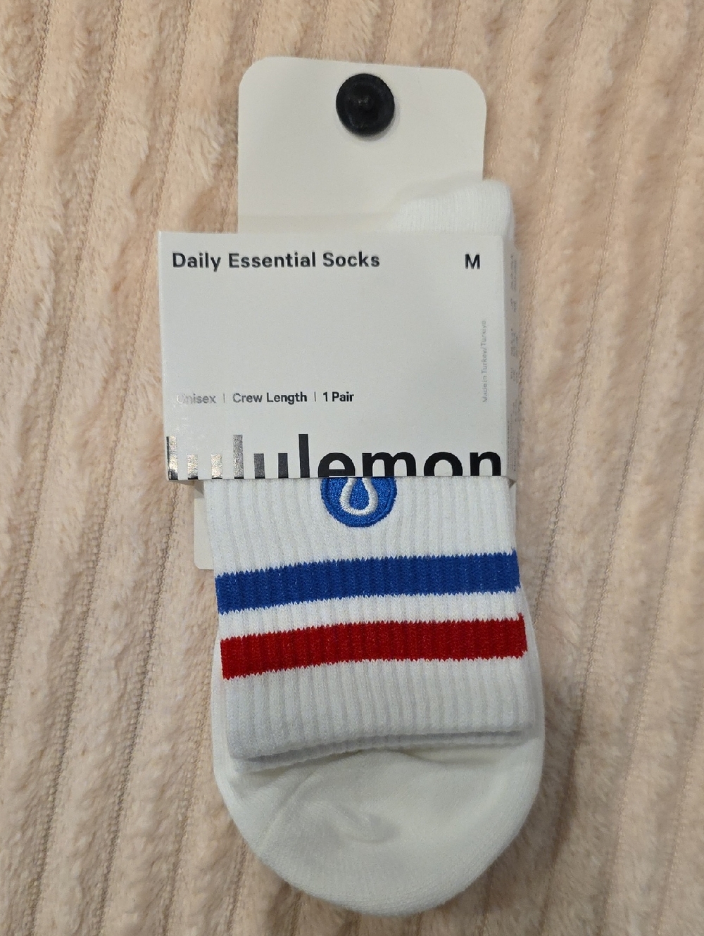 lululemon athletica White Crew Socks with Blue and Red Stripes